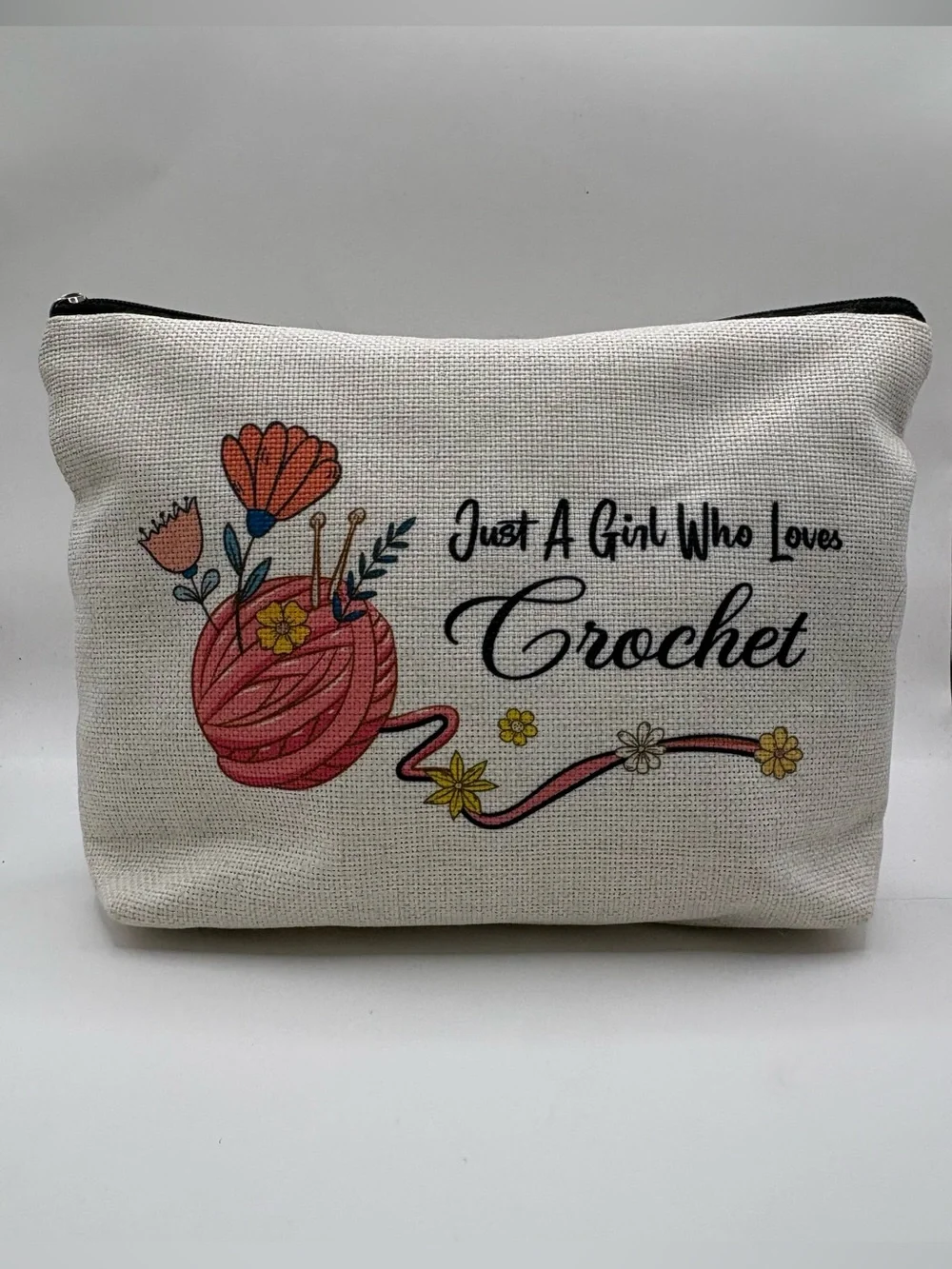 Just A Girl Who Loves Crochet Canvas Pouch - White with Pink Design